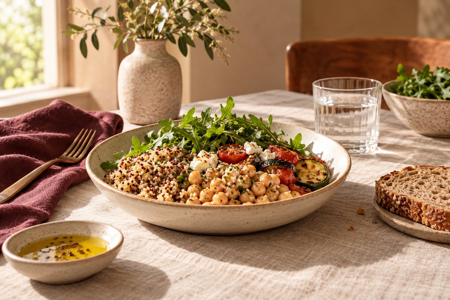 Pasto illustrativo con legumi, verdure e pane integrale